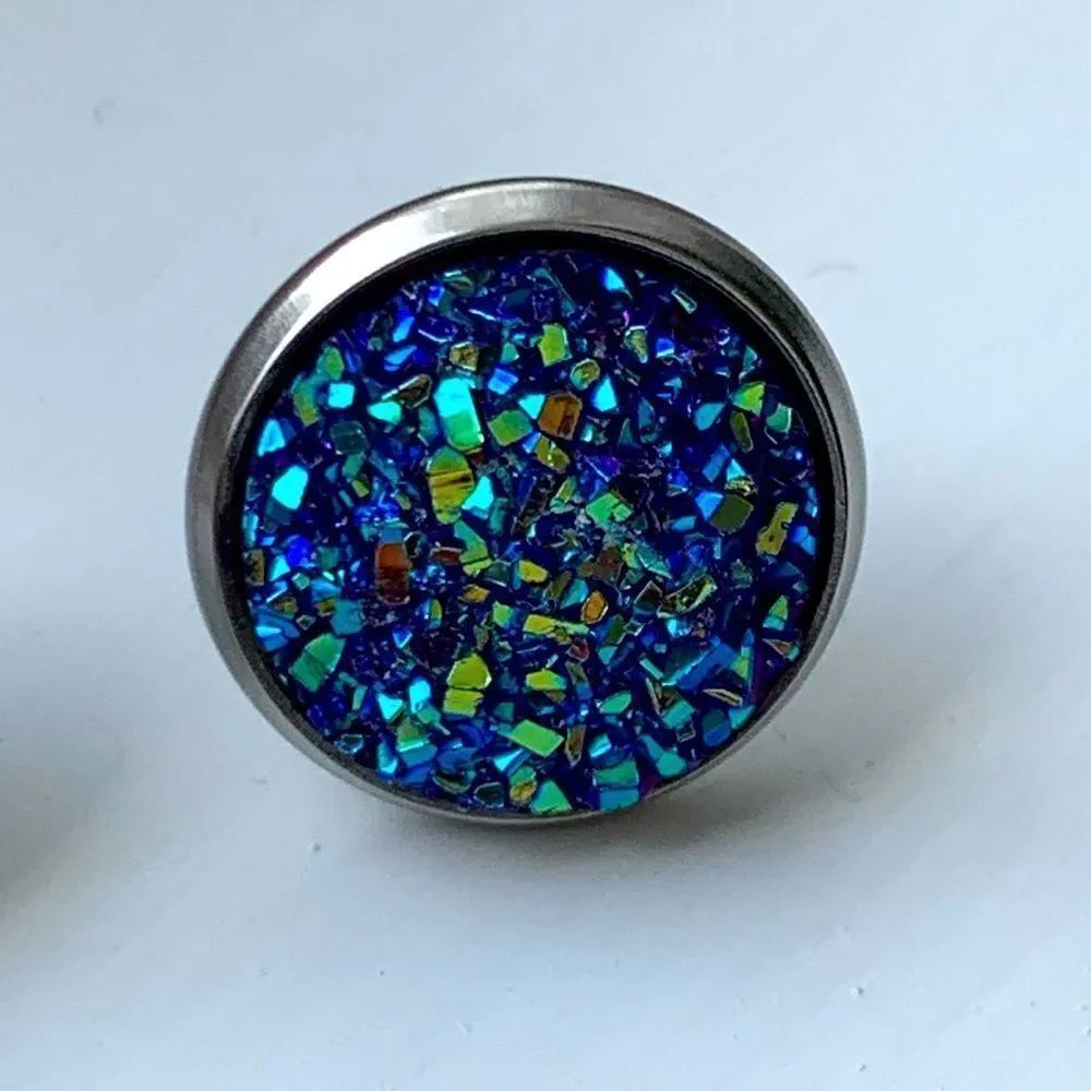 Men’s Titanium Blue Iridescent Faux Drusy Quartz Iced Out Hip Hop Stud Earrings